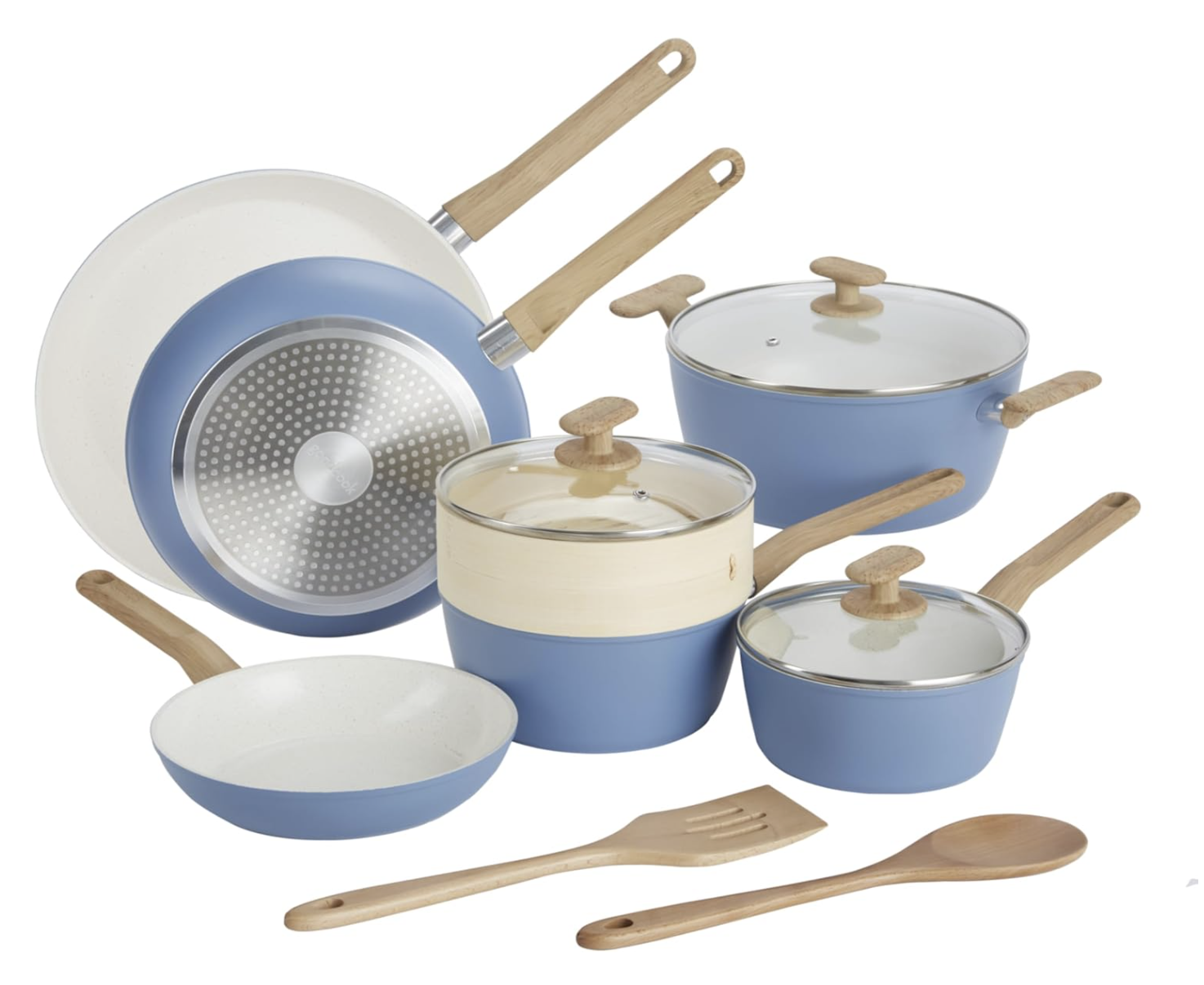 12-Piece Healthy Ceramic Titanium-Infused Cookware Set, Light Blue – Pots, Pans, Steamer, Spoon & Turner